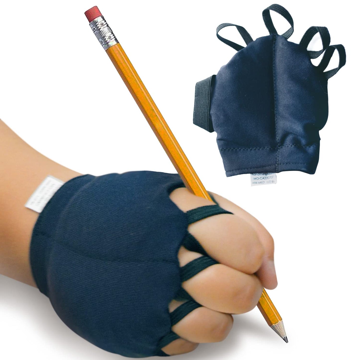 Weighted fingerless navy glove applied to back of the hand on hand holding a pencil