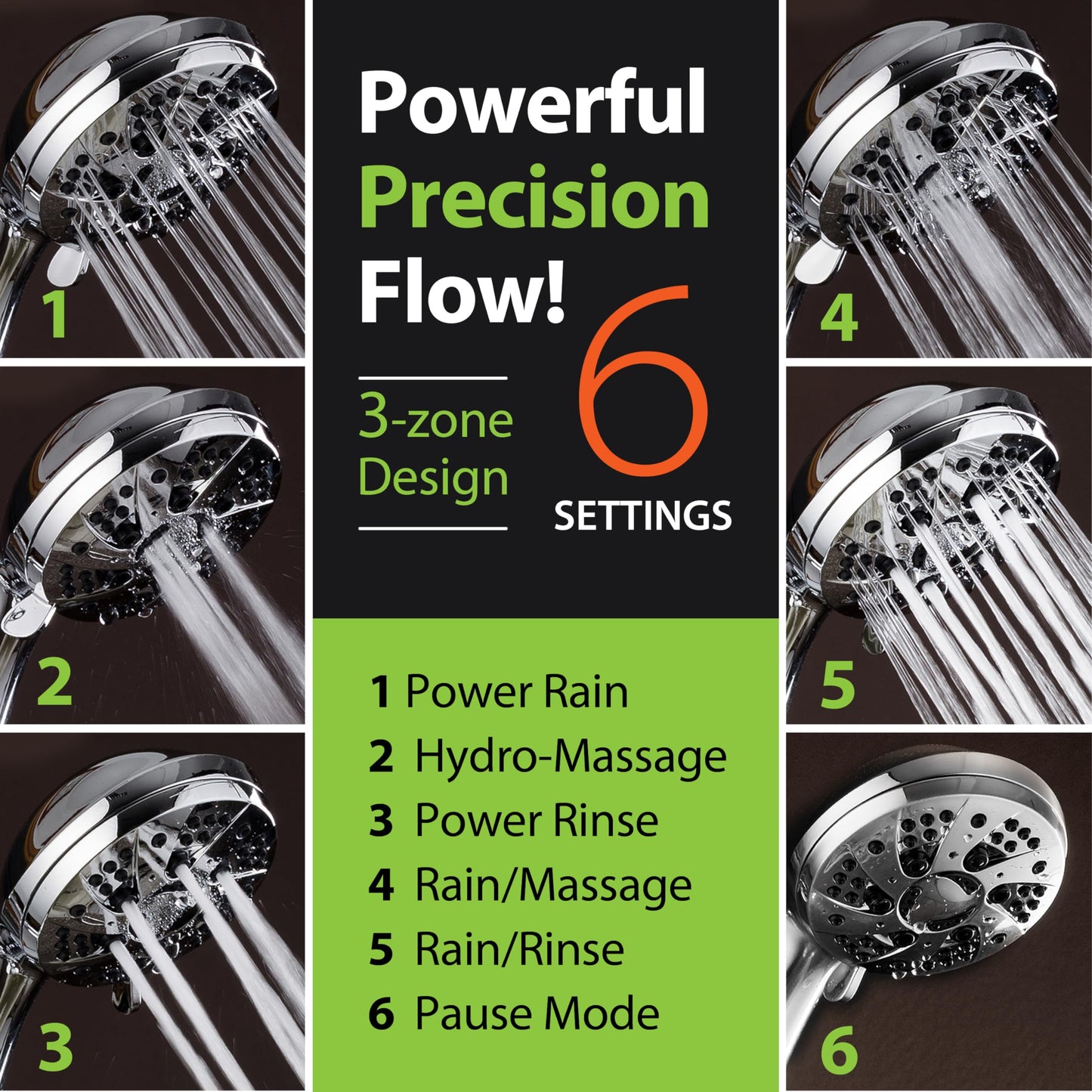 High Pressure 6-Setting Handheld Shower with Hose